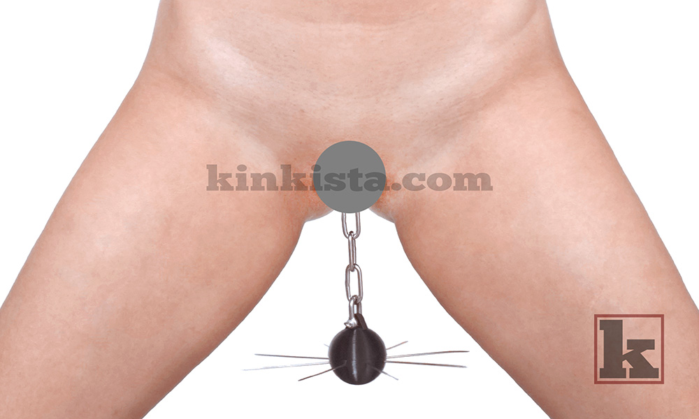 Female spiked spreader displayed in a bondage play scenario highlighting stable spreader positioning
