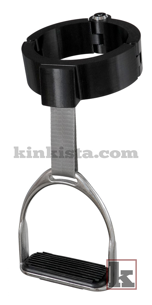 BDSM stirrup collar showing adjustable strap and metal stirrup ring details
