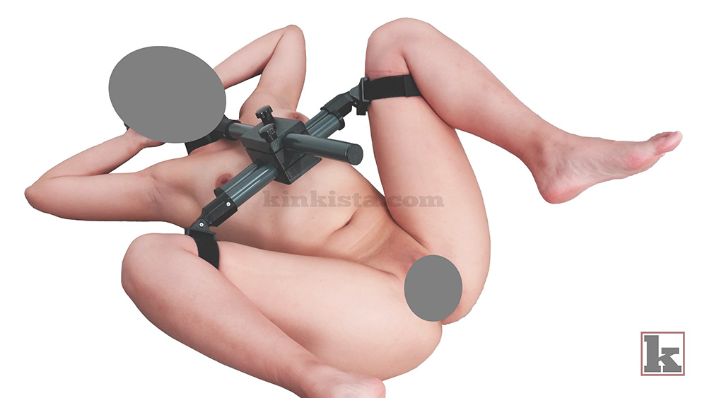 Neck and thigh BDSM restraint frame with included cuffs attached to adjustable spreader bars
