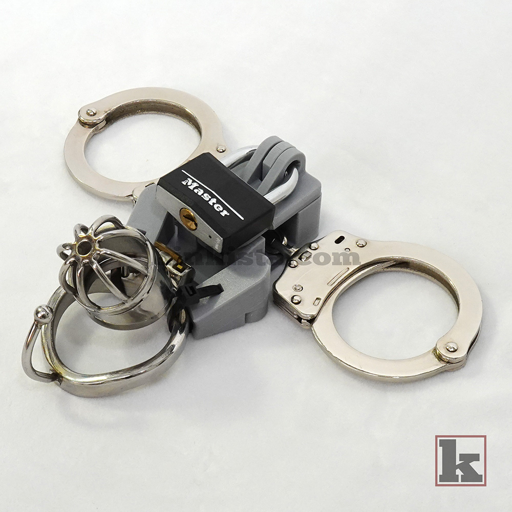 Right side view - Cuff-to-Cage Anchor linking handcuffs to chastity cage for integrated restraint setup