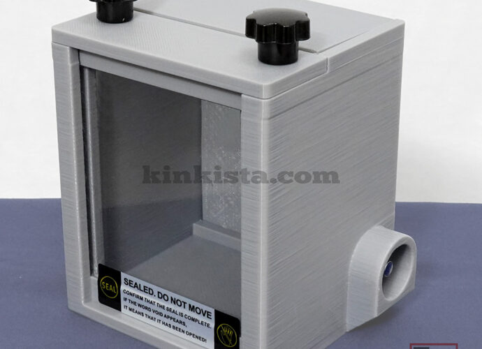 Kinkista Emergency Keybox for domestic captivity kink play, front view with clear acrylic window and VOID security label