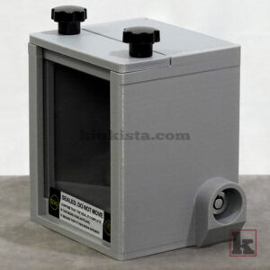 Kinkista Emergency Keybox for domestic captivity kink play, front view with clear acrylic window and VOID security label